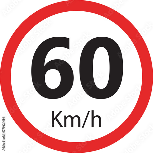 Speed limit sign 60 km h icon — traffic road warning symbol — round red circle isolated on white background vector illustration