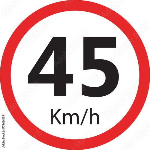 Speed limit sign 45 km h icon — traffic road warning symbol — round red circle isolated on white background vector illustration