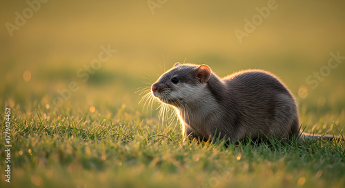 A Curious Otter in Golden Hour: A captivating image showcases a charming otter poised amidst a sun-kissed meadow. Bathed in the warm glow of the setting sun.