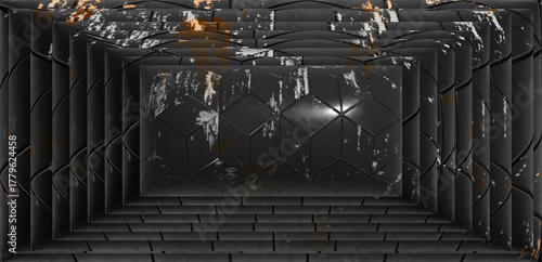 Fototapeta Naklejka Na Ścianę i Meble -  3d render, abstract panoramic background with tunnel turn. Bright purple pink neon rays and lines glowing in ultraviolet light