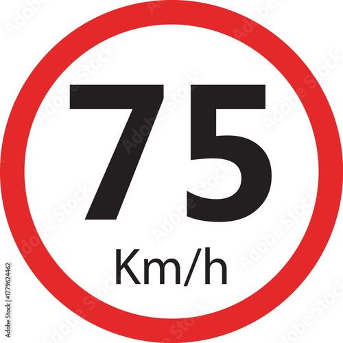 Speed limit sign 75 km h icon — traffic road warning symbol — round red circle isolated on white background vector illustration