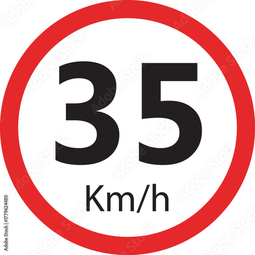 Speed limit sign 35 km h icon — traffic road warning symbol — round red circle isolated on white background vector illustration