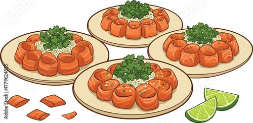 Fresh salmon sushi rolls, gourmet Japanese food, lime garnish, seafood cuisine, artistic plating, healthy meal, culinary photography, restaurant presentation