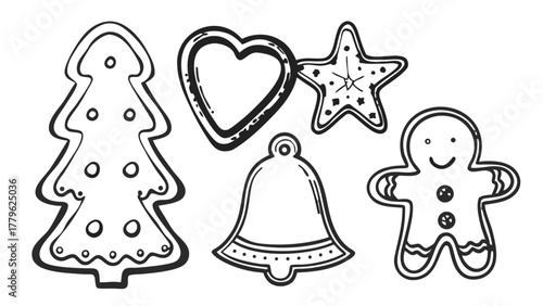 "Vector gingerbread cookies set, realistic icing decorations, includes tree, star, man, bell and heart shapes, warm baked cookie color tones, cute festive design, flat clean style with soft shading, h