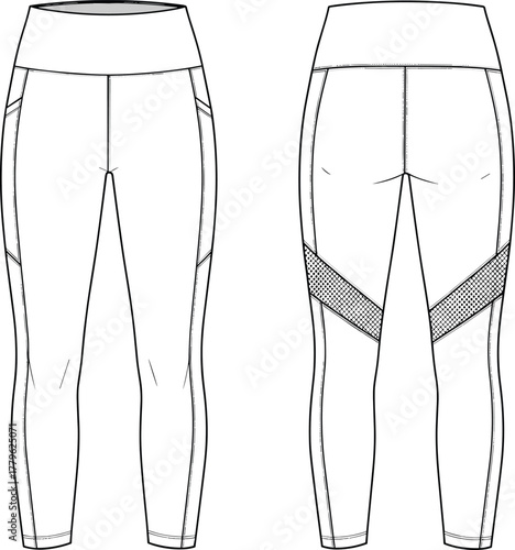 Athletic leggings technical sketch, wide waistband and side panel design, star-accented back thigh illustration, activewear garment template, fashion flat drawing, apparel vector