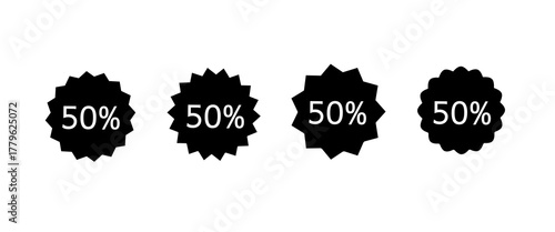Fifty Percent Discount Label Icons Set – Black Sale Badges Collection
