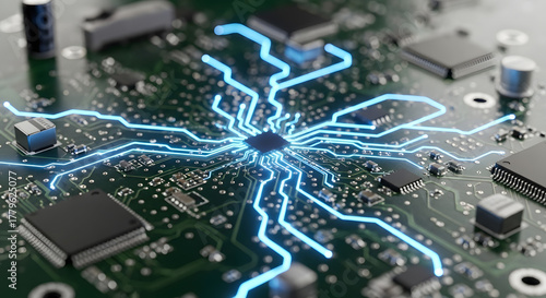 Digital Core: A captivating close-up of a complex electronic circuit board showcasing its intricate design and core components with bright glow.
