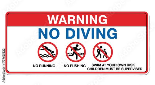 Pool Safety Warning Sign No Diving No Running No Pushing Children Supervised Isolated White Background