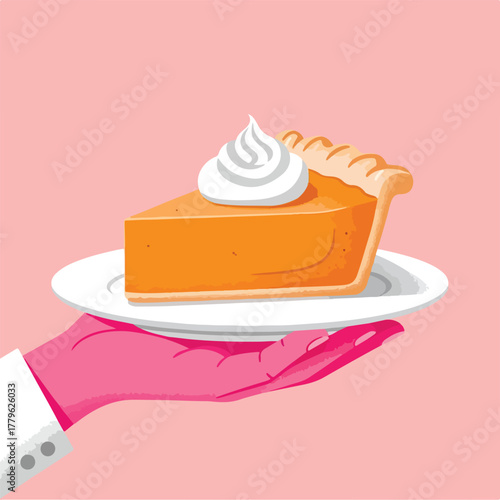 Slice of pumpkin pie with whipped cream
