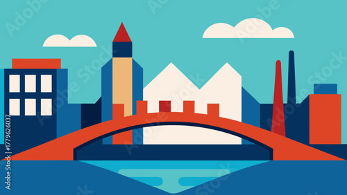 Urban city panorama illustration featuring a skyscraper skyline and a bridge over the river at sunset