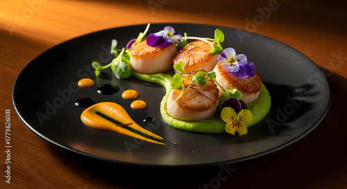 Seared Scallops Plating with edible flowers: Delight your senses with this expertly plated culinary creation. Four perfectly seared scallops, adorned with vibrant edible flowers.