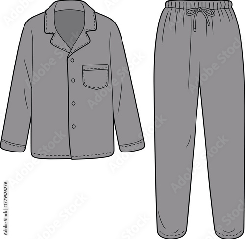 Gray pajama cad drawing, flat vector illustration, sleepwear fashion sketch, clothing design template, nightwear outline, loungewear technical drawing, apparel pattern, garment design