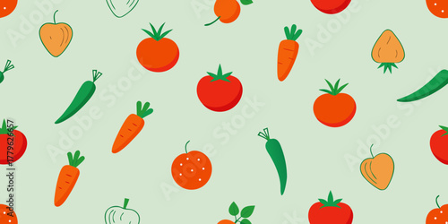 Seamless pattern with fresh vector vegetables and peppers for healthy food design illustration