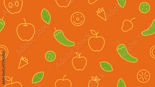 Seamless pattern with healthy vegetables and fruit like carrots, apple, and orange illustration