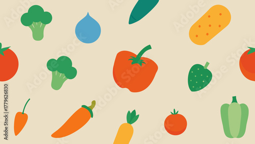 Seamless pattern with fresh, healthy vegetables like tomato, carrot, pepper, onion, cucumber, eggplant, pumpkin, garlic, and cabbage as a vector food icon collection