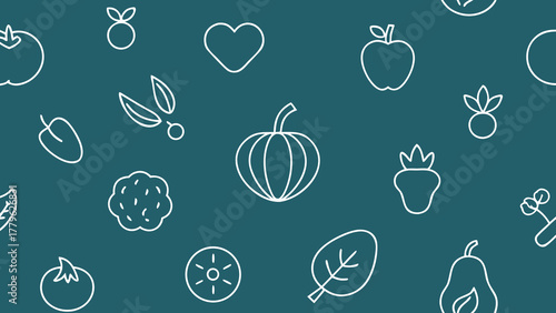 Vector seamless pattern with healthy food, vegetables, and fruit icons like apple, banana, strawberry, cherry, lemon, orange, pepper, pineapple, and tomato