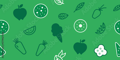 Seamless nature pattern set with Easter eggs, green olives, leaves, and healthy food vector icons illustration