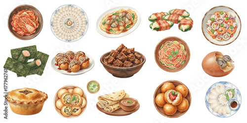 Watercolor Set of Exotic Asian Street Food and World Dishes