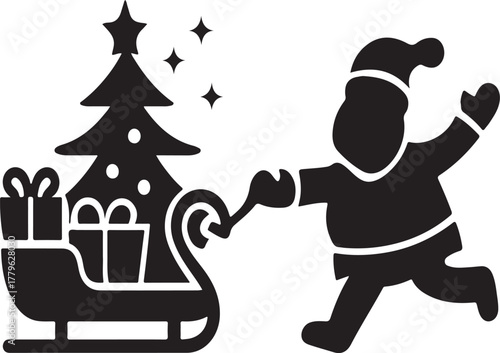 Holiday Celebration Sleigh and Figure Silhouette Vector Design Gift Tree with Stars and Santa Helper on Transparent Background