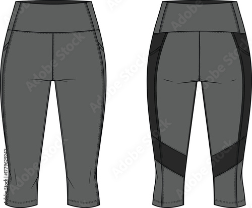 Cropped athletic leggings technical sketch, high-waist activewear design, seam and panel variation illustration, workout garment template, fashion flat drawing, apparel vector