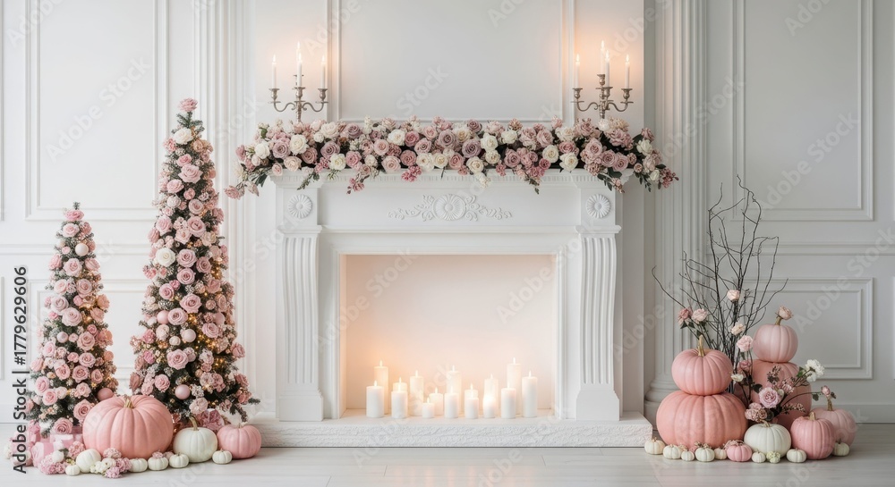 Fototapeta premium Elegant fireplace decoration: a white fireplace is adorned with soft pink flowers, pumpkin, and a lit candles creates a cozy and inviting ambiance.