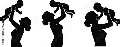 Silhouette Icon of Mother Lifting Baby in Loving Gesture