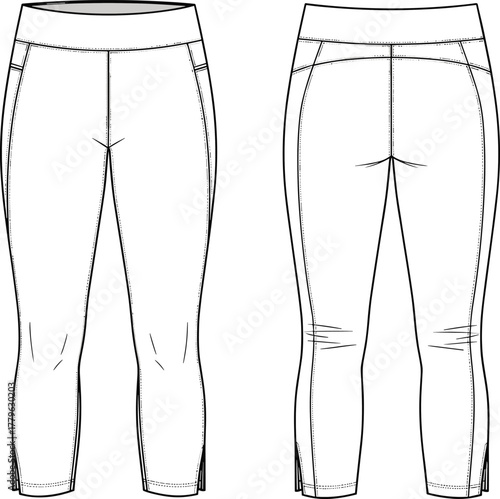Cropped pants technical sketch, mid-rise fitted design, back yoke and pocket illustration, casual garment template, apparel construction vector, fashion flat drawing
