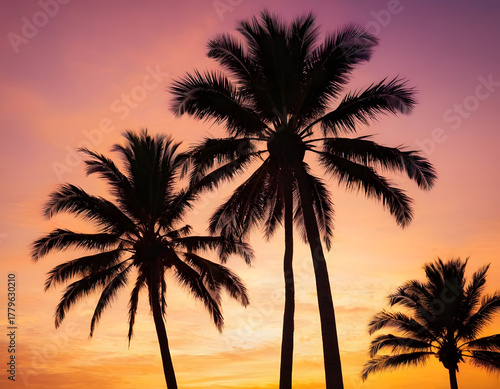 palm tree silhouette at sunset. Silhouette of palm trees at tropical sunrise or sunset