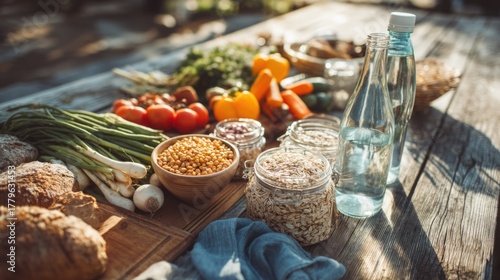 Rustic outdoor picnic with fresh vegetables and grains on a wooden table, Planetary health diet, ecology, sustainability