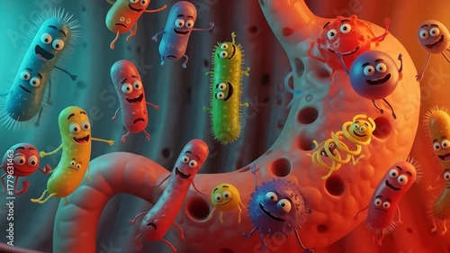 Friendly Gut Bacteria Animated Inside Stomach Healthy Digestive System Health Concept.