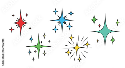 Colorful retro starbursts and sparkles design element for vintage aesthetics