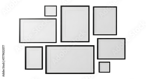 A collection of empty picture frames of various sizes and orientations, isolated on transparent background