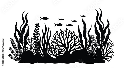 Black and white illustration of a coral reef ecosystem with several fish