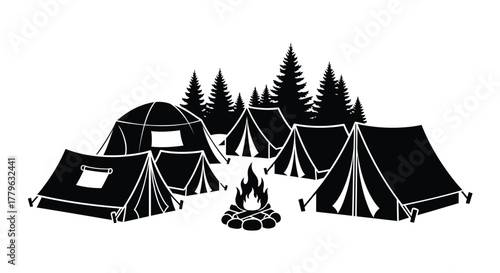 A black and white illustration of a campsite with tents and fire