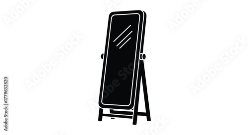 A simplistic black and white illustration of a freestanding floor mirror