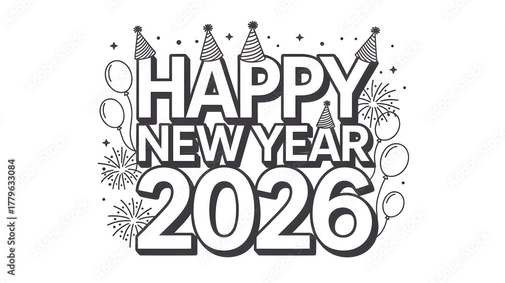 Fototapeta premium Happy New Year 2026 Outline Design with Party Elements