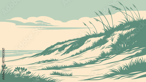 Minimalist vector of Amelia Island dunes and soft sky gradient, elegant coastal pastel art perfect for seaside travel posters and decor
