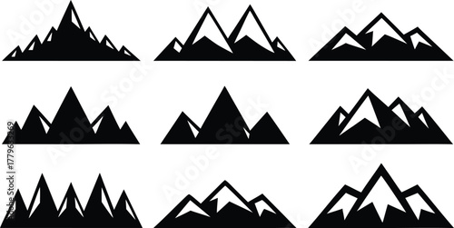Group of mountains of various shapes and sizes in silhouette is isolated on white background with vector style.