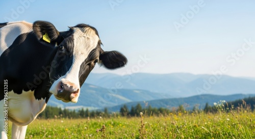 Curious holstein cow in green mountain meadow under blue sky