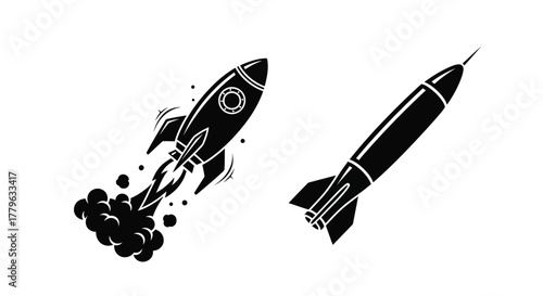 Two black rocket ship illustrations one launching with fiery exhaust trail