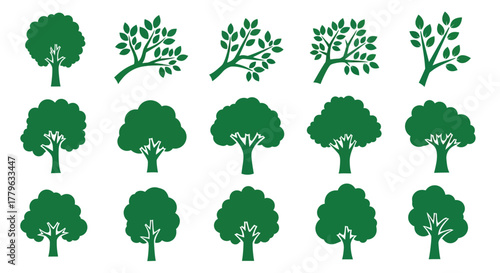 Collection of diverse green tree silhouettes arranged in a grid pattern