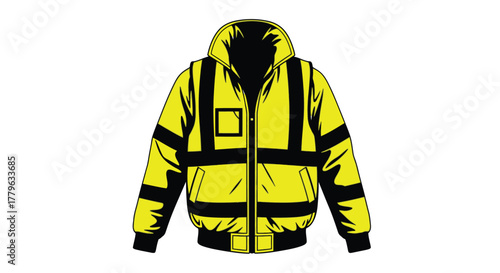 Bright yellow high visibility safety jacket with reflective strips shown front view