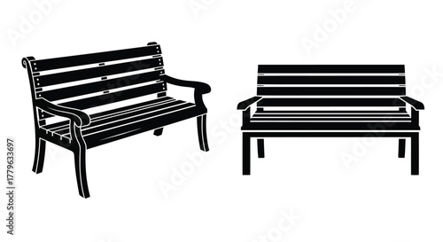 Two black and white outlines of wooden park benches are shown