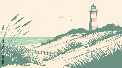 Minimalist vector of Amelia Island dunes and soft sky gradient, elegant coastal pastel art perfect for seaside travel posters and decor
