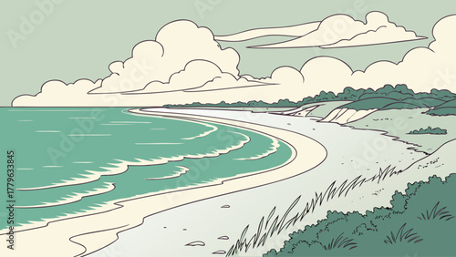 Minimalist vector of Destin white sand beach and emerald water, clean pastel tones ideal for travel illustration and summer-themed poster design
