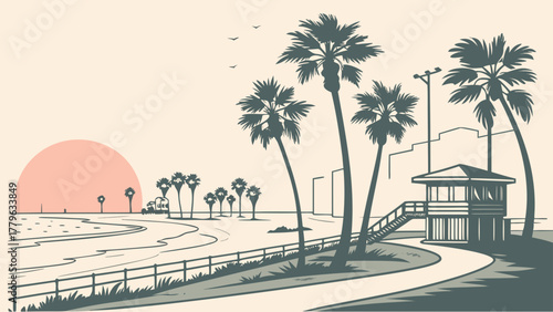 Minimal vector of Clearwater Beach palm coastline in sunrise pastel tones, modern flat travel art for summer decor and USA seaside posters
