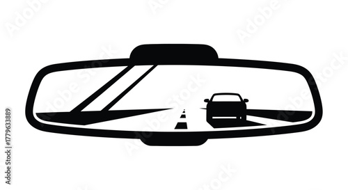 Black and white illustration of a car s rearview mirror and road