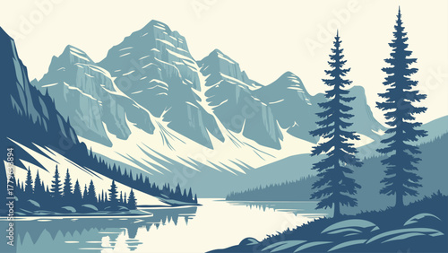 “Rocky Mountains alpine lake reflection, cool tones, modern vector”
