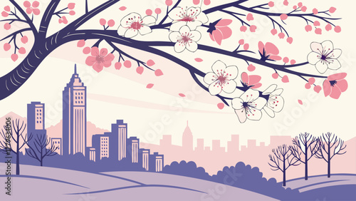 “Atlanta skyline with peach blossoms, soft southern palette”
