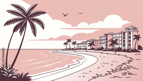 Flat design of Naples Florida coastline with pink sky gradient, minimalist elegant vector perfect for beach travel prints and modern wall art
